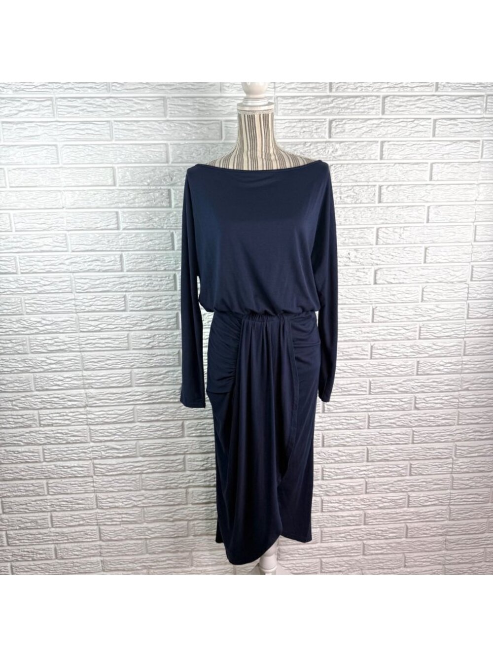 PrettyGarden Ruched Bodycon Asymmetrical Midi Dress Navy Blue Size Large NWT